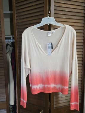 Roxy Cream and Coral Ombre V-Neck Sweater